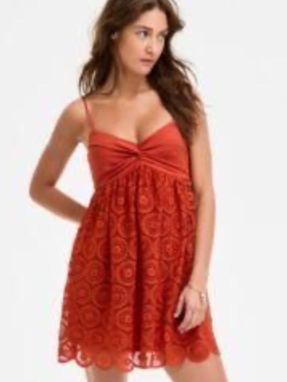 ROWA NWT XS RUST LACE- CROCHET OVERLAY V-CUT Spaghetti-Strap MINI SUMMER DRESS